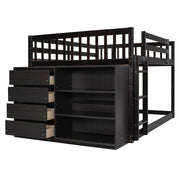 DreamHaus bunk bed with built-in four drawers and three shelves, featuring a sturdy wooden frame and space-saving design.