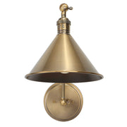 Uttermost Exeter gold 1-light adjustable sconce with a sleek, modern design and a curved arm mounted on a wall.