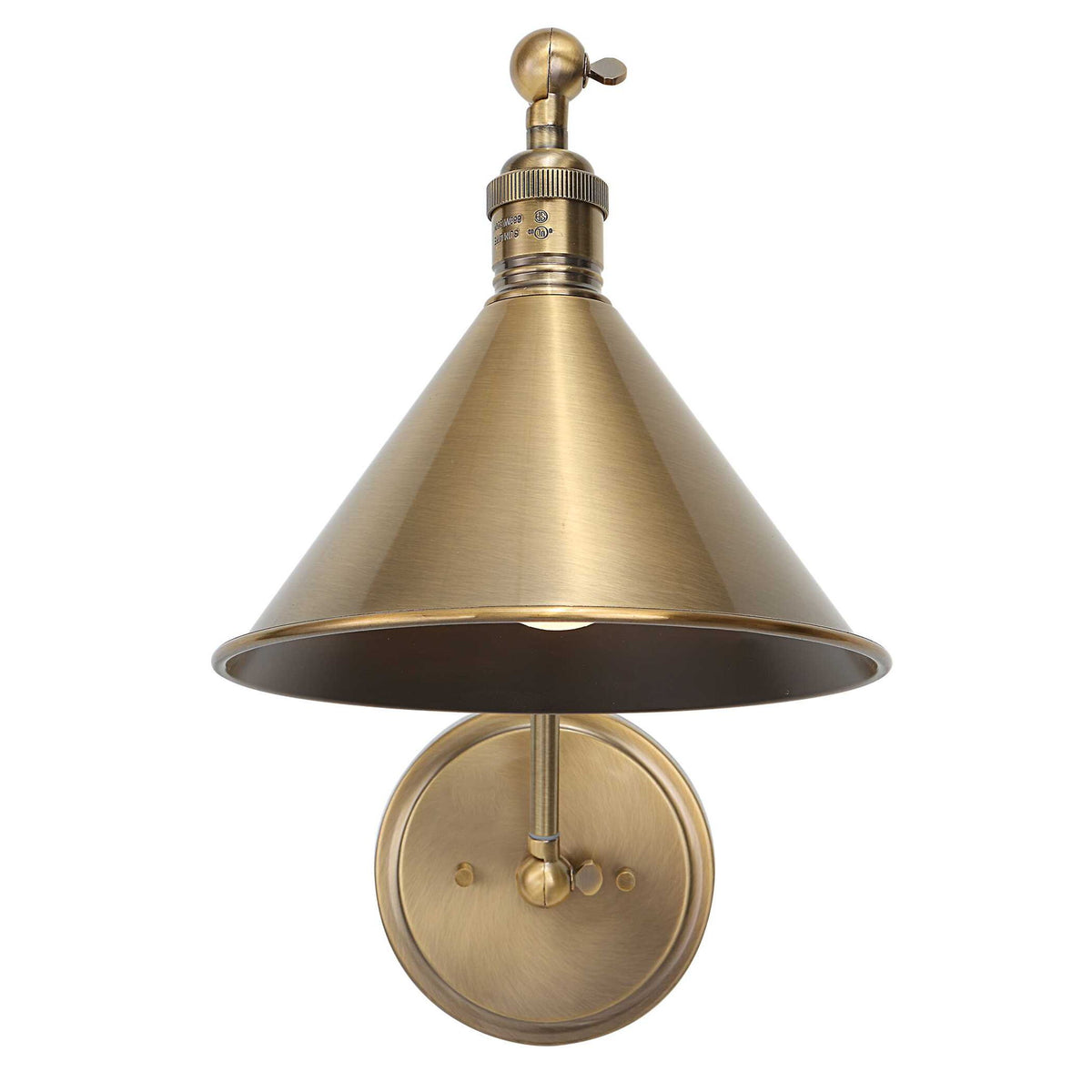 Uttermost Exeter gold 1-light adjustable sconce with a sleek, modern design and a curved arm mounted on a wall.