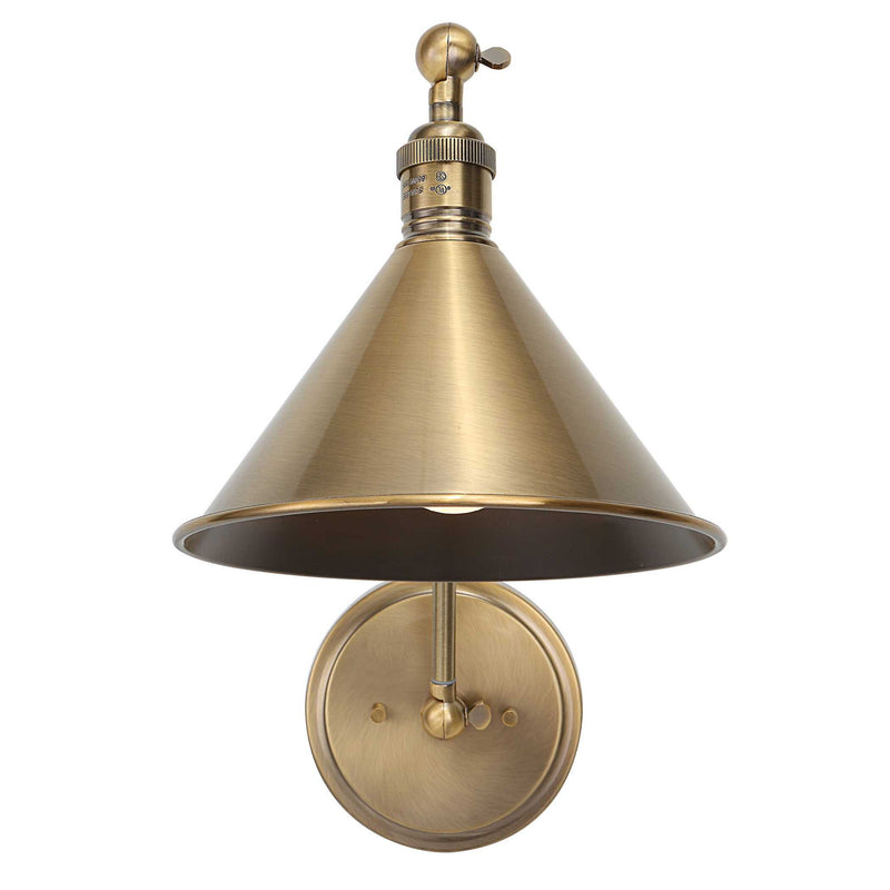 Uttermost Exeter gold 1-light adjustable sconce with a sleek, modern design and a curved arm mounted on a wall.