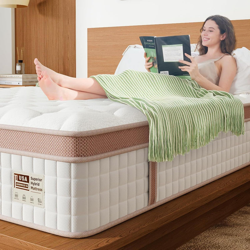 14" King Size, Firm Hybrid Mattress, Gel Memory Foam & Pocket Springs, Pressure Relief, Motion Isolation, Ergonomic Bed - White - R&R Furniture Gallery (Fountain Valley, CA)