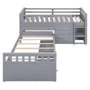 Modern DreamHaus loft platform bed with seven drawers, full guardrails, and L-shaped space-saving design in a contemporary bedroom setup.