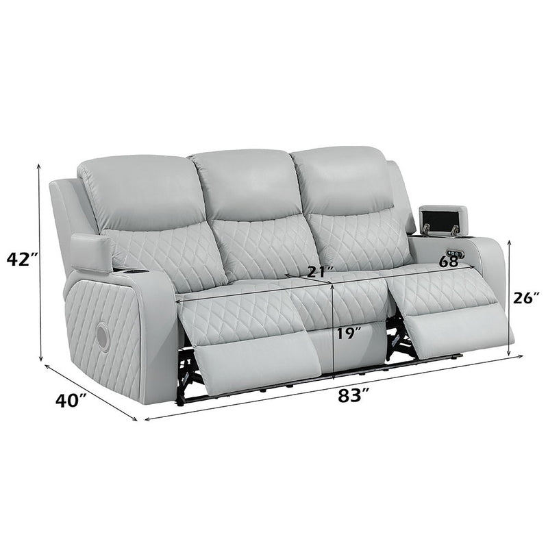 Elonzo - Power Motion Sofa With LED, Power Headrest & Speaker - Light Gray - R&R Furniture Gallery (Fountain Valley, CA)