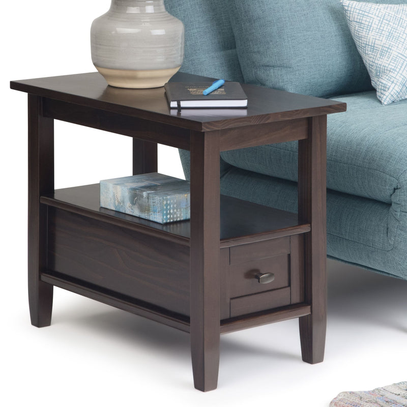 Handcrafted Warm Shaker coffee table by Simpli-Home showing a rustic wooden surface with sturdy legs and a natural finish.