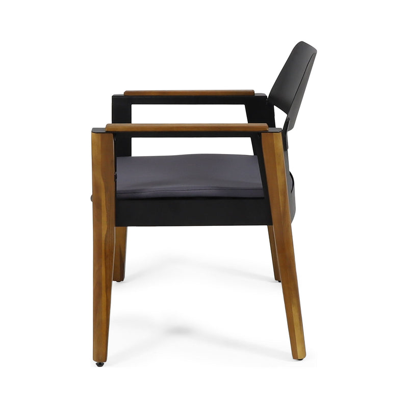 Set of two Noble House Soho outdoor club chairs with teak frames and cushions, perfect for stylish patio seating.