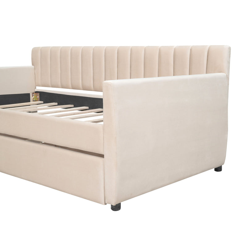 DreamHaus upholstered storage daybed with slat support, featuring a plush fabric headboard and integrated storage drawers.