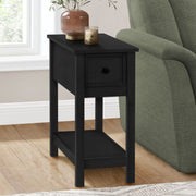 8th Street accent end table with two tiers, narrow design, lamp, storage drawer, and charming style in a modern living space.