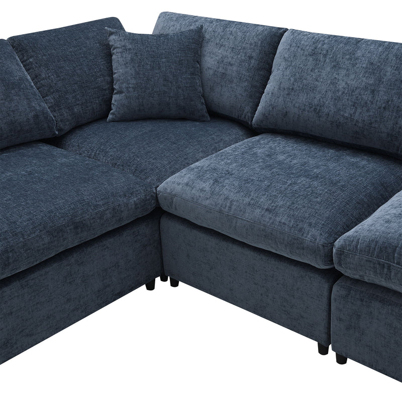 Luxe & Co. Modern modular cloud sofa bed with six seats, sectional couch set, ottoman, and U-shaped sleeper for living room.