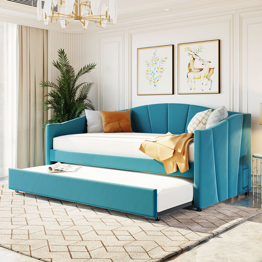 DreamHaus upholstered daybed sofa bed with trundle and wood slat, showcasing a stylish, comfortable design with a pull-out trundle bed.