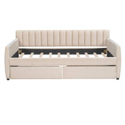 DreamHaus upholstered daybed with slat support, featuring built-in storage drawers and a contemporary design for versatile bedroom use.