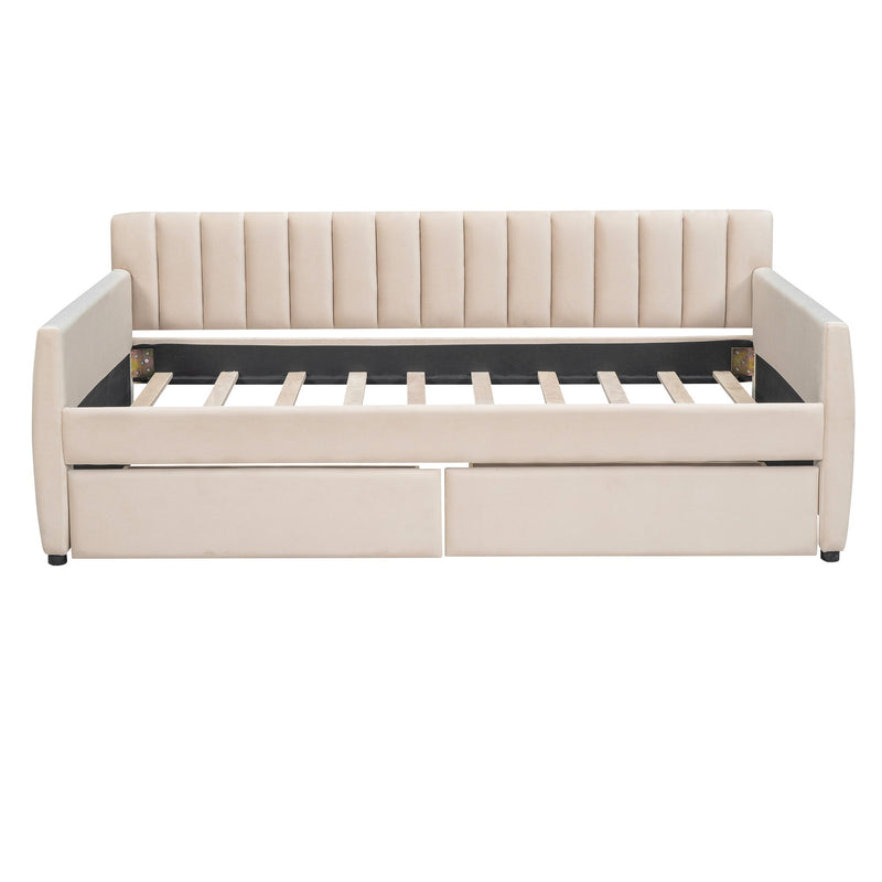 DreamHaus upholstered daybed with slat support, featuring built-in storage drawers and a contemporary design for versatile bedroom use.