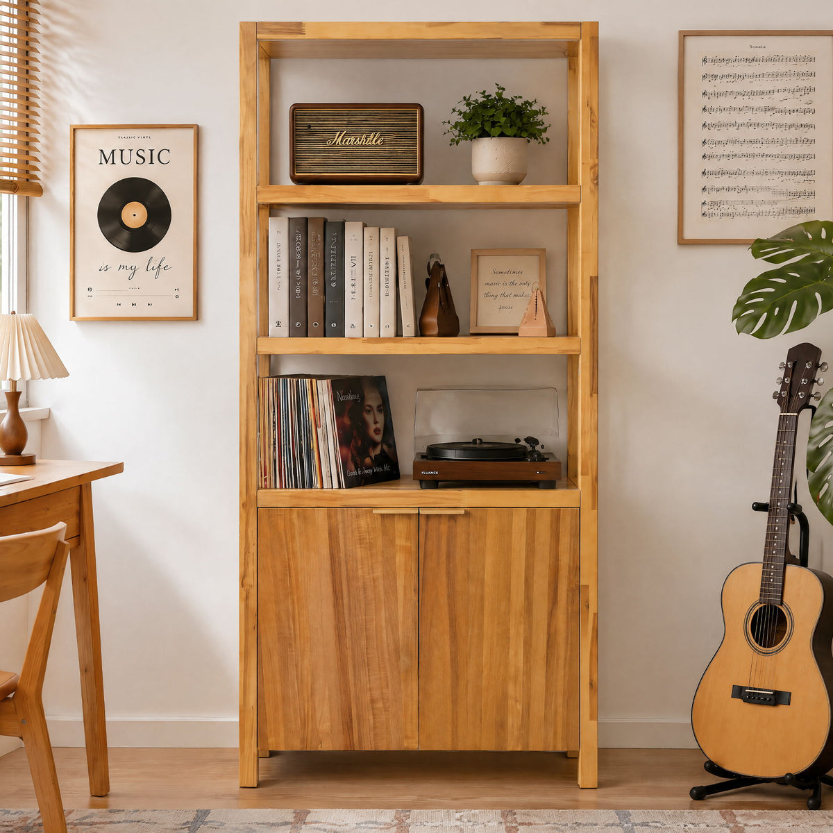 Tall Storage Bookcase Cabinet With 2 Open Shelves & Double Doors, Freestanding Shelving Unit - Natural