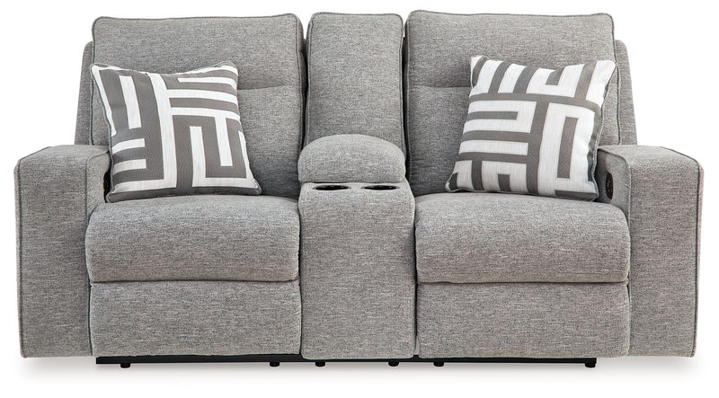 Biscoe - Power Reclining Loveseat With Console /Adj Headrest - Pewter - R&R Furniture Gallery (Fountain Valley, CA)