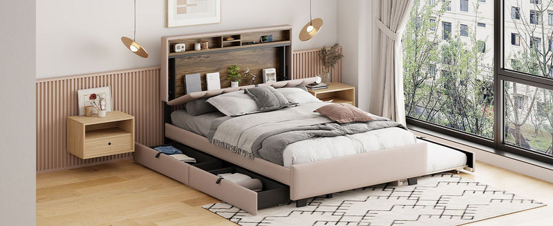 Upholstered Platform Bed With Storage Headboard, Trundle & 2 Drawers And A Set Of Sockets & USB Ports - R&R Furniture Gallery (Fountain Valley, CA)