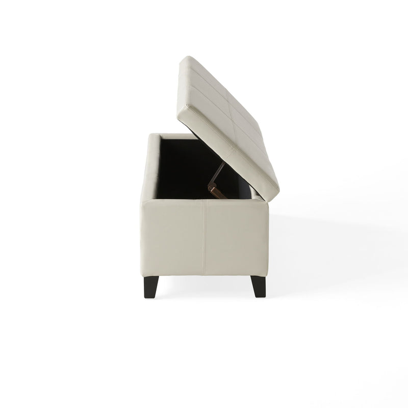 Noble House Glouster contemporary storage ottoman in neutral fabric with button-tufted top and wooden legs.