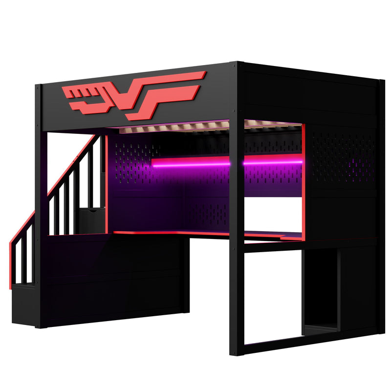 Full Gaming Loft Bed With Desk And Storage Staircase, LED Lights And USB - Red / Black - R&R Furniture Gallery (Fountain Valley, CA)