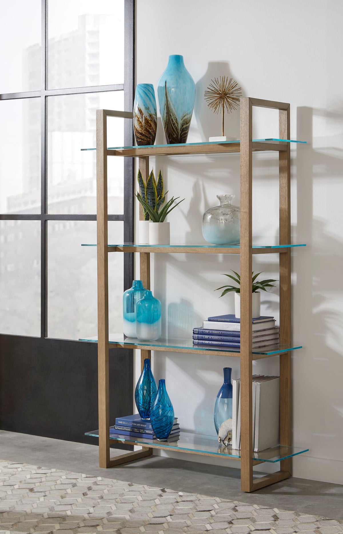 One Modern Coastal Glass Shelf Bookcase in Solid Wood