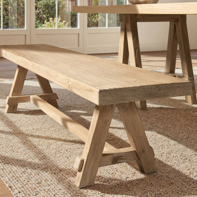 Jennifer Taylor Home Hawthorne dining bench in natural wood finish with a sleek, modern design for dining room seating.