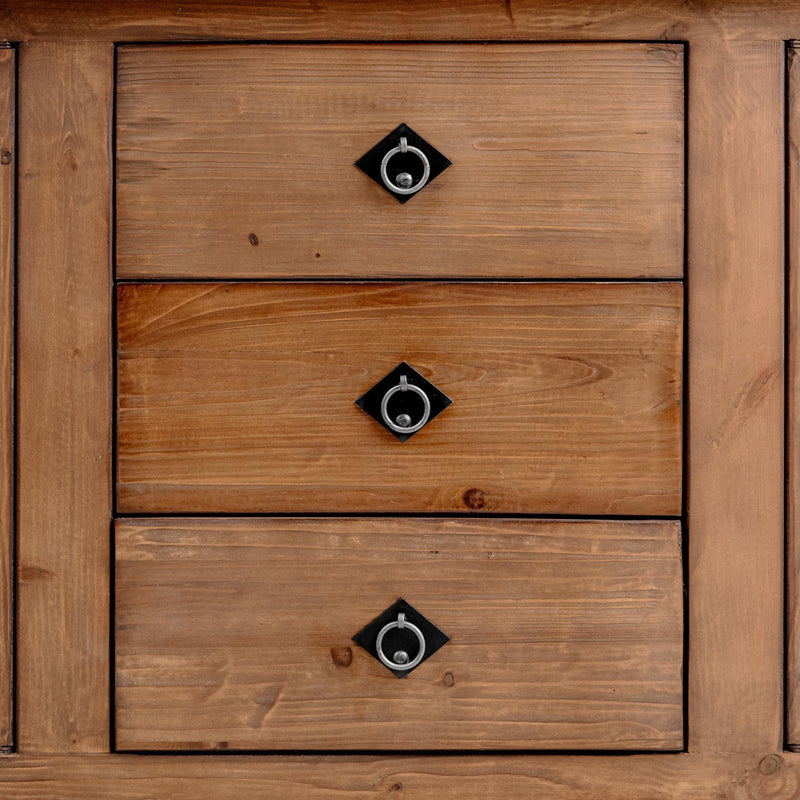 Classic Home Amita 3-drawer, 4-door brown buffet cabinet showing wood finish and spacious storage compartments.
