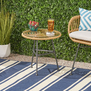 Noble House Petrichor outdoor side table with tempered glass top and steel frame, suitable for patio or garden decor