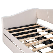DreamHaus upholstered daybed sofa bed with trundle and wood slat, showcasing the stylish fabric, wooden frame, and additional sleeping area.