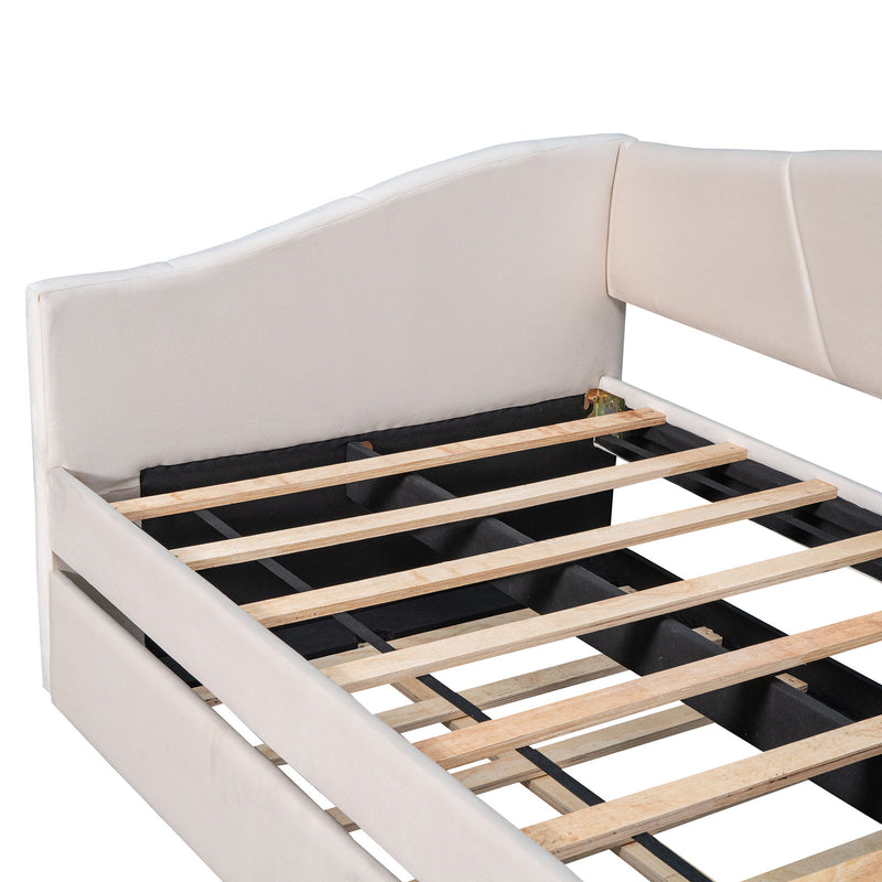 DreamHaus upholstered daybed sofa bed with trundle and wood slat, showcasing the stylish fabric, wooden frame, and additional sleeping area.