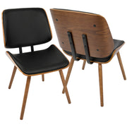Set of two Lumi Source Lombardi mid-century modern dining chairs with walnut wood frames and black upholstered seats.