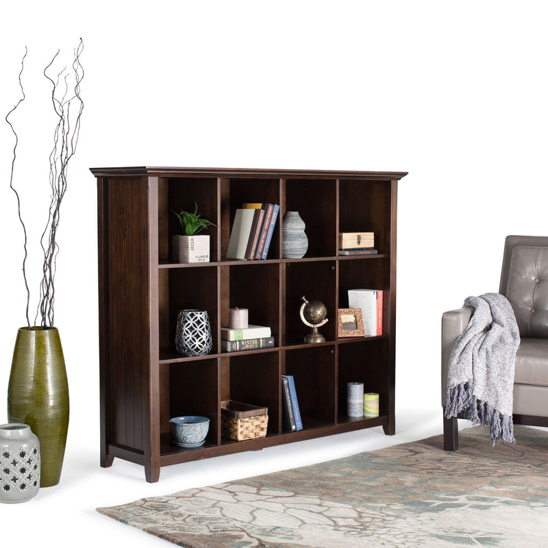 Handcrafted cube storage organizer by Simpli-Home showing cube compartments with a natural wood finish for versatile storage.