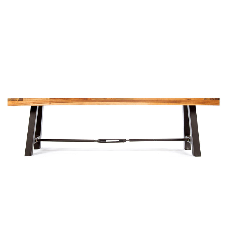 Black teak outdoor dining bench from Noble House, backless patio bench suitable for outdoor seating and garden decor.