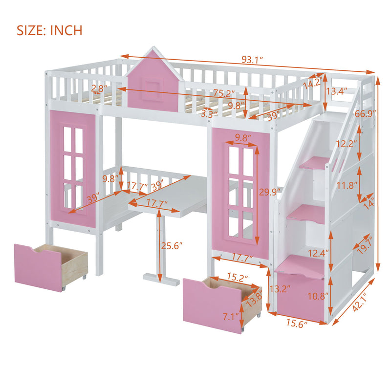 DreamHaus twin over twin bunk bed with changeable table, featuring upper bunk and down desk for versatile space-saving design.