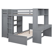 DreamHaus loft bed with twin standalone bed, shelves, desk, and wardrobe, shown with wooden frame and organized interior space.