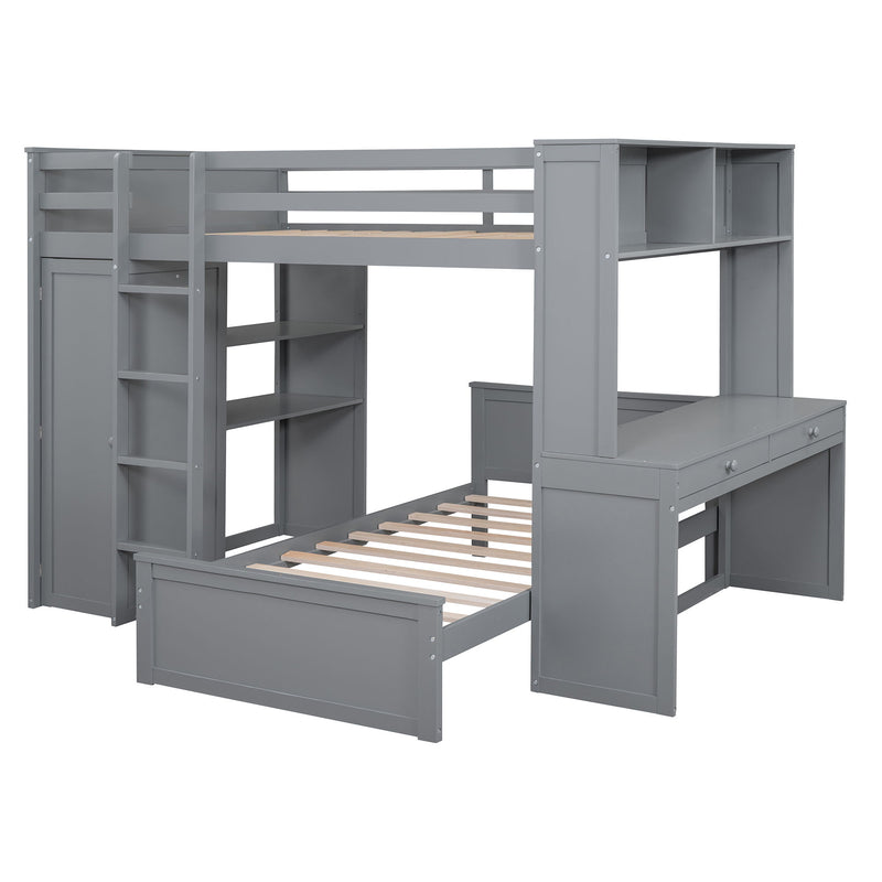 DreamHaus loft bed with twin standalone bed, shelves, desk, and wardrobe, shown with wooden frame and organized interior space.