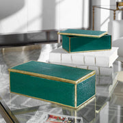 Set of two emerald green Karis boxes by Uttermost, featuring stylish storage with a modern, decorative design.