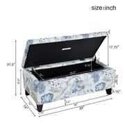 Luxury Storage Ottoman With Floral Patterned Fabric, Soft Close Hinges, Functional Footrest & Seat - Blue Flower / Blue Multi - R&R Furniture Gallery (Fountain Valley, CA)