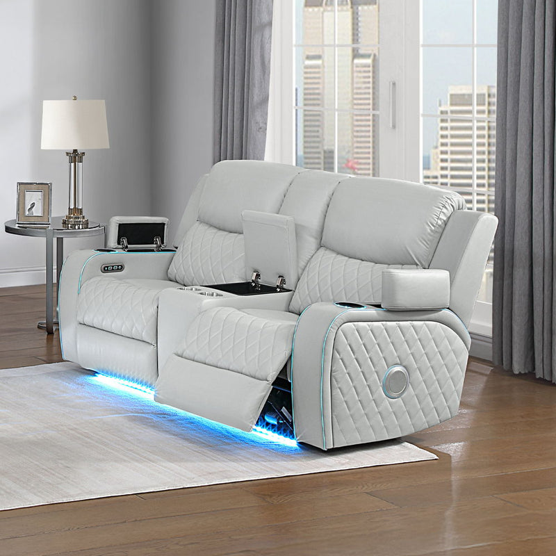 Elonzo - Power Motion Loveseat With Console, LED, Power Headrest & Speaker - Light Gray - R&R Furniture Gallery (Fountain Valley, CA)