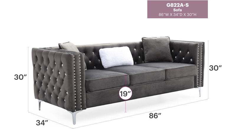 Glory Furniture Paige stationary sofa with plush cushions and modern design, shown in a cozy living room setting.