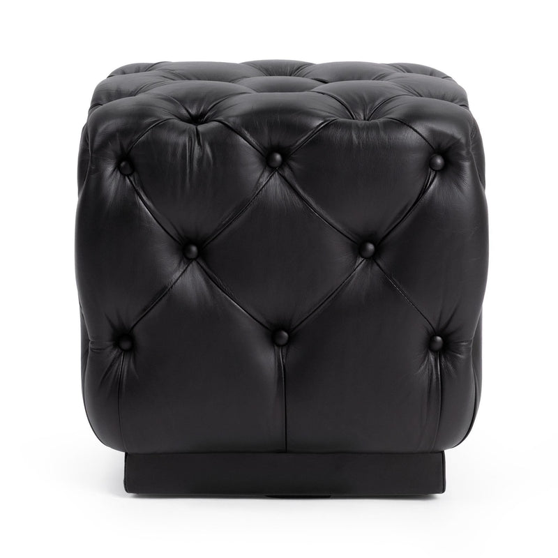 Midnight Raven upholstered square ottoman from Classic Home's Briar collection, featuring plush fabric and modern design.