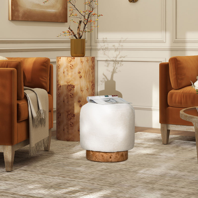 Tilly - Round Fur Upholstered / Burl Pouf Ottoman - White - R&R Furniture Gallery (Fountain Valley, CA)