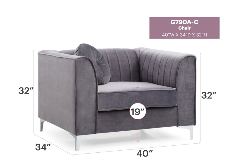 Contemporary sloped armchair by Glory Furniture with plush fabric upholstery and modern design in a cozy living room setting.