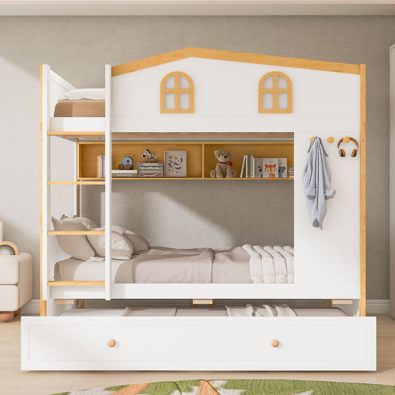 Dreamland bunk bed with house-shaped guardrails, built-in storage shelves, and a trundle, showcasing a cozy, space-efficient design.