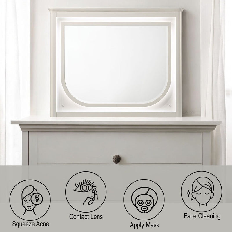 Pearl white ACME Laveda mirror with built-in LED lighting, modern design, and sleek rectangular shape.