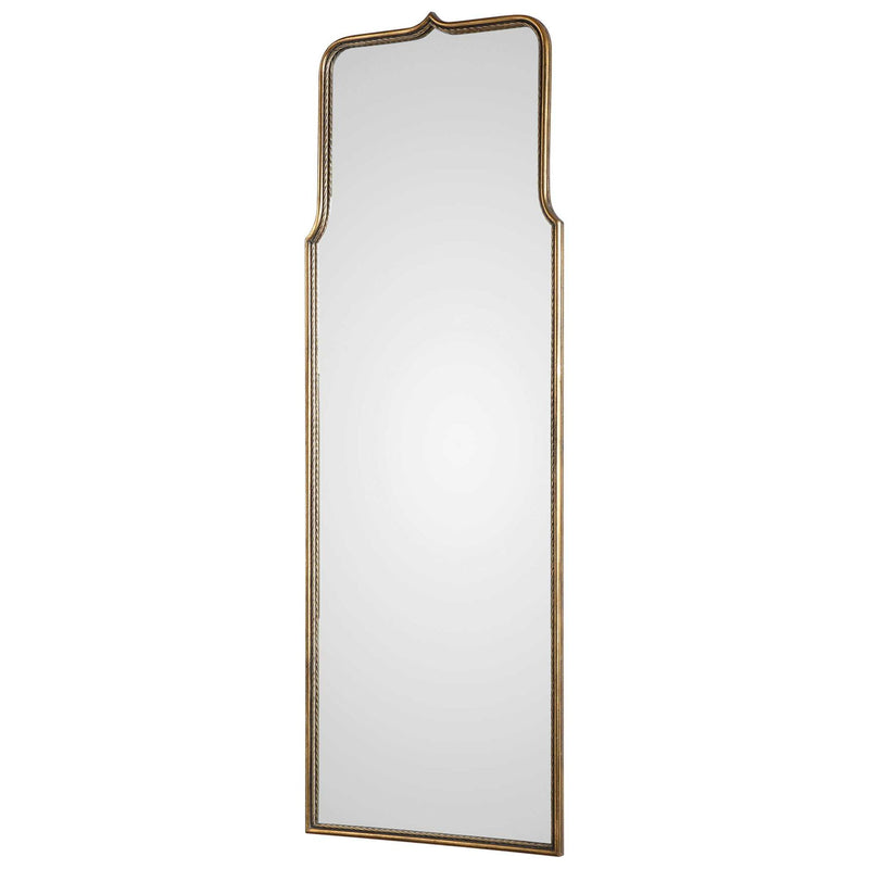 Uttermost Adelasia wall mirror with antiqued gold finish, ornate frame, and elegant design for upscale interior decor.