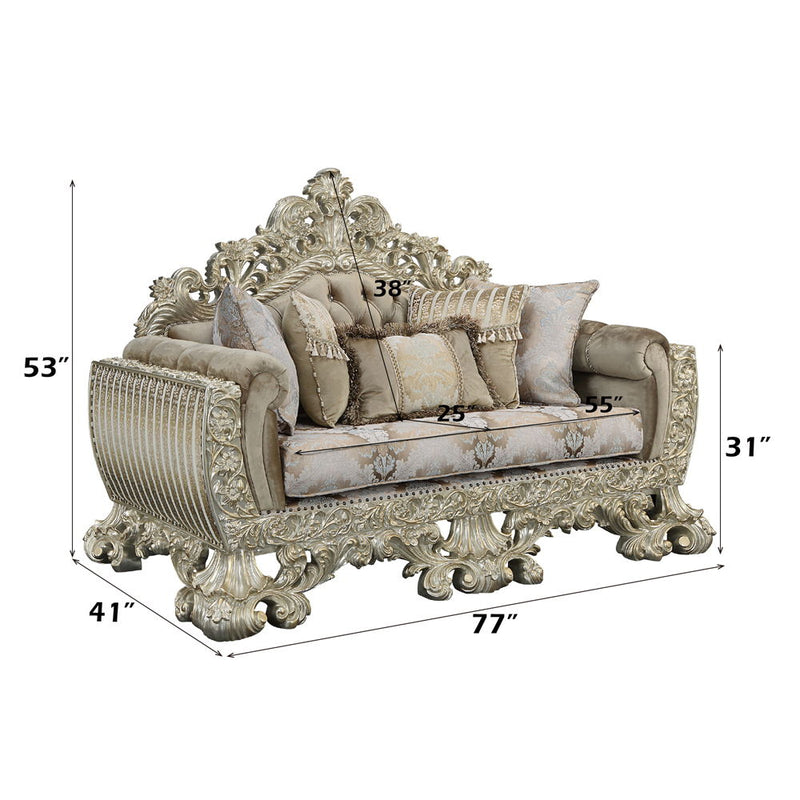 Sorina - Loveseat With 5 Pillows - Velvet, Fabric & Antique Gold - R&R Furniture Gallery (Fountain Valley, CA)