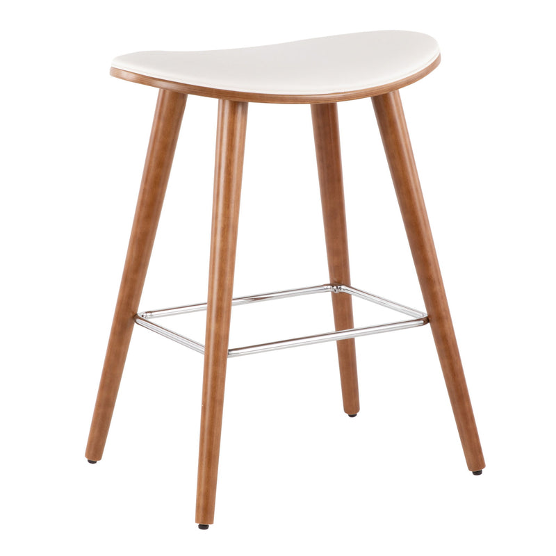 Pair of Lumi Source contemporary saddle counter stools with upholstered seats and wooden legs, set of 2.