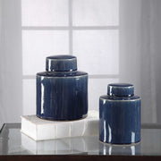 Pair of blue Uttermost Saniya containers, set of 2, decorative vases and jars with a modern design.