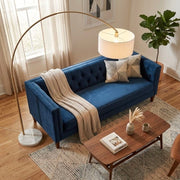 Ambient arch floor lamp with large linen shade, 84-inch gold brass arc design for living room lighting and decor.