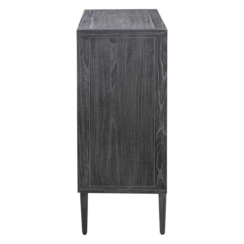Uttermost Laurentia black and pearl silver 2-door accent cabinet with sleek design and modern hardware.