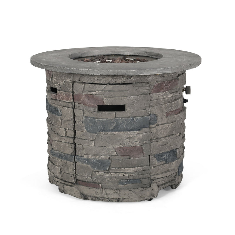 Transitional Outdoor 32" Round Propane Fire Pit Table, Lightweight Concrete Construction - Stone Gray - R&R Furniture Gallery (Fountain Valley, CA)