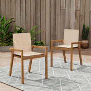 Set of two Noble House Belfast dining chairs with acacia wood frames and cushioned seating, showcasing elegant design and craftsmanship.