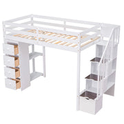 DreamHaus loft bed with integrated storage drawers, stairs with shelves, and a sturdy wooden frame, ideal for space-saving bedrooms.